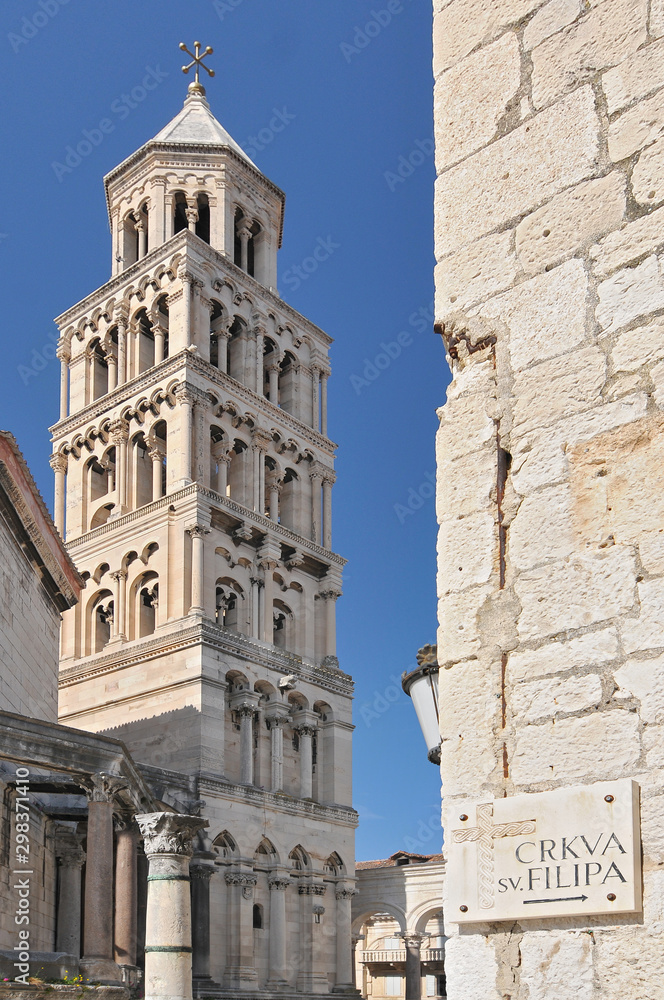 Bell tower of the cathedral of Saint Doimus in Split, Croatia.