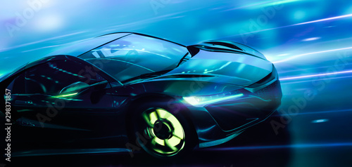 Futuristic high speed sports car in motion with technology lights background (3D Illustration)