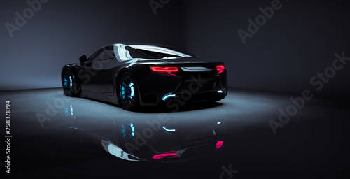 Foto Modern sports car on dark studio background concept scene (3D Illustration)