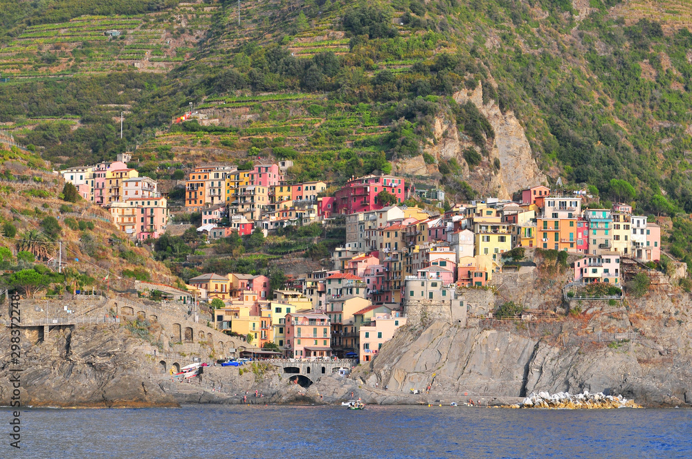 View from the sea to Manarola, Cinque Terre, Liguria, Italian Riviera, Italy, Europe.