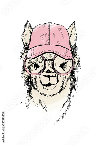 Cute llama in pink glasses and cap. Modern sketch in color on white background