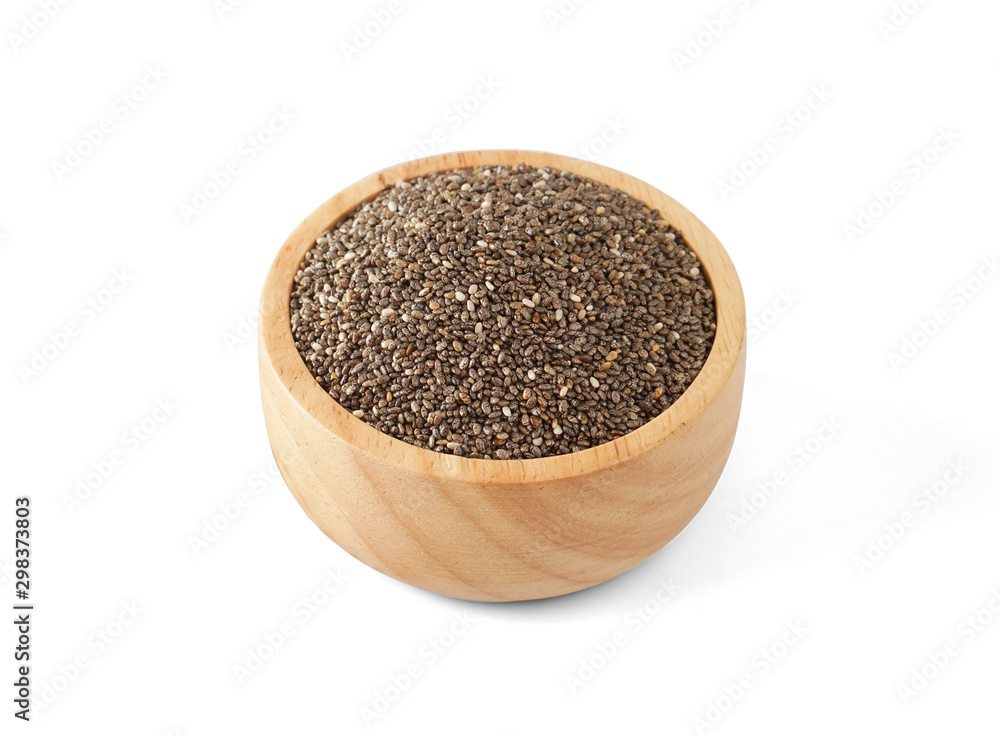 Chia seeds in wooden bowl, isolated on white background,super food benefits for balance blood sugar and good nutrition for diet and lost weight,healthy food concept (with clipping path) Chia seeds in wooden bowl, isolated on white background,super food benefits for balance blood sugar and good nutrition for diet and lost weight,healthy food concept (with clipping path)