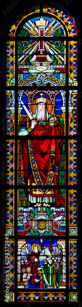 Ablain-Saint-Nazaire, France. 2019/9/14. Stained glass window depicting a saint king in the Church of Notre-Dame-de-Lorette at the memorial of the WW I (1914-1918).