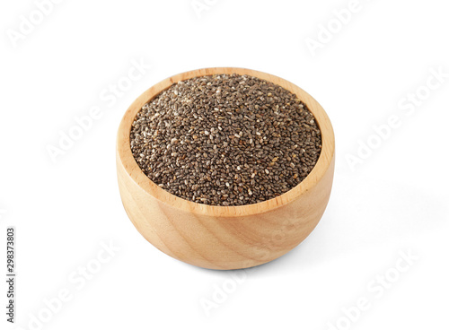 Chia seeds in wooden bowl, isolated on white background,super food benefits for balance blood sugar and good nutrition for diet and lost weight,healthy food concept (with clipping path)