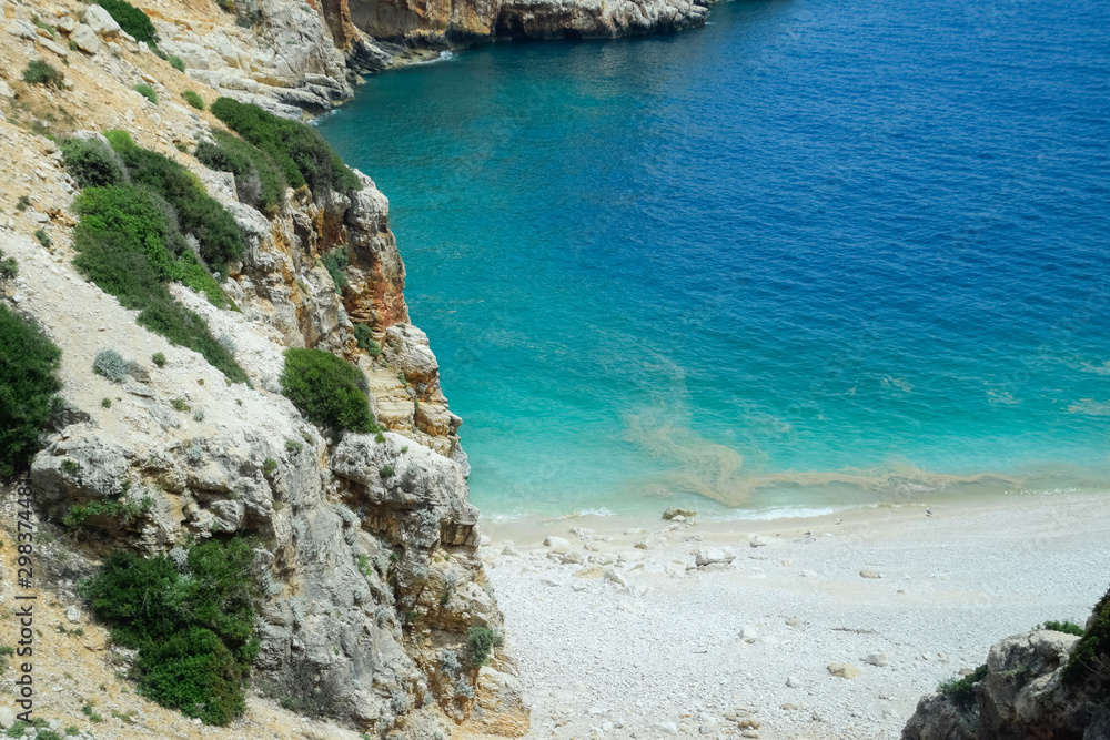 Coastal cliffs of limestone. The coast of Mediterranean Sea in Turkey.