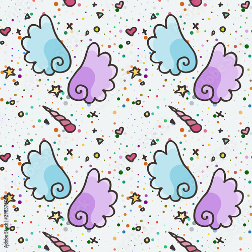 Vector pattern with wings and horns of cute unicorns, dots and stars