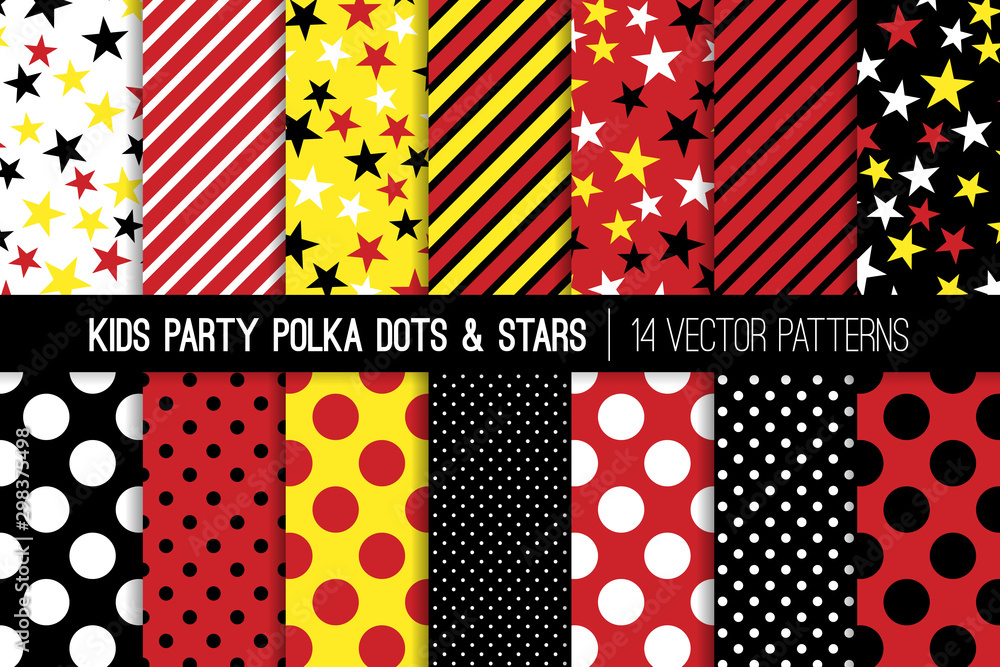 Yellow, Red, Black and White Polka Dots, Stars and Stripes Vector Seamless Patterns. Kids Party Backgrounds. Children Birthday Invitation Backdrops. Repeating Pattern Tile Swatches Included.