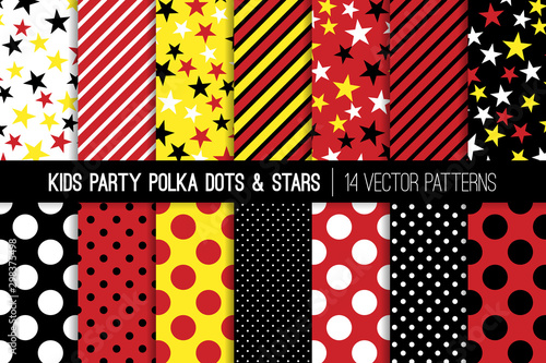 Yellow, Red, Black and White Polka Dots, Stars and Stripes Vector Seamless Patterns. Kids Party Backgrounds. Children Birthday Invitation Backdrops. Repeating Pattern Tile Swatches Included. photo