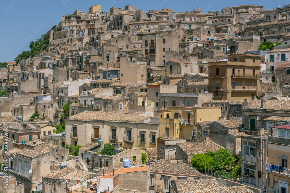 Tightly packed homes in Modica Alta, Ragusa, Sicily, Italy