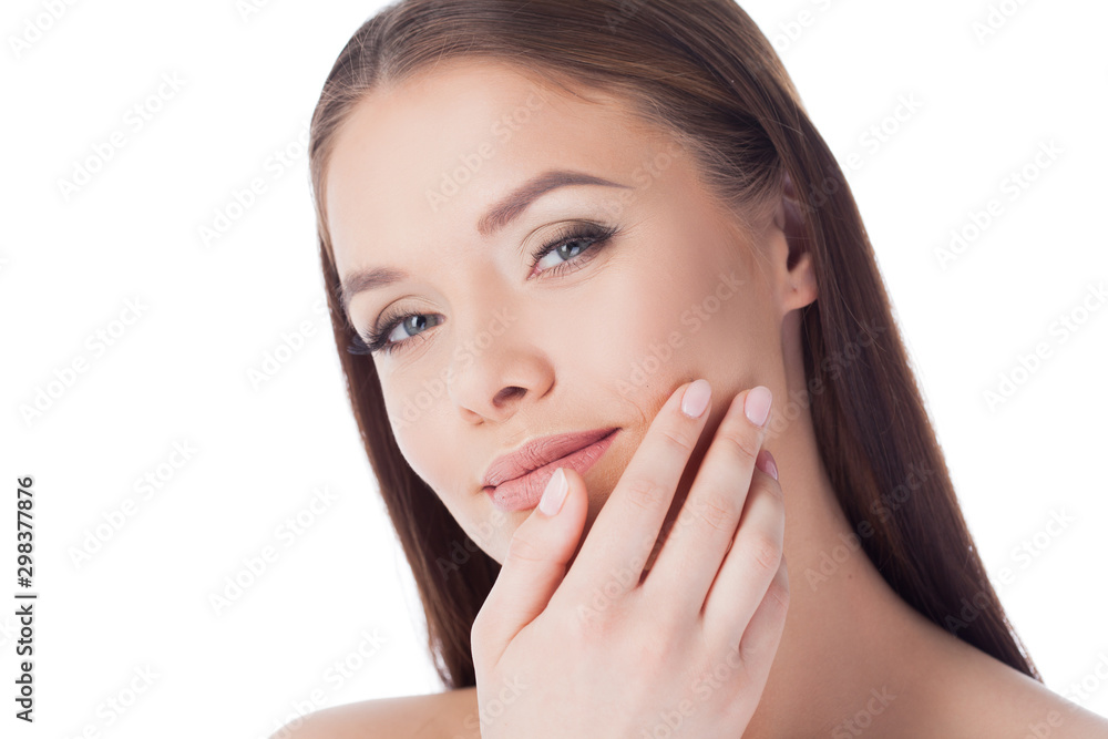 Massage your face. Use face cream and serum. Portrait of young beautiful woman isolated on white. Massage your face. Use face cream and serum. Portrait of young beautiful woman isolated on white.