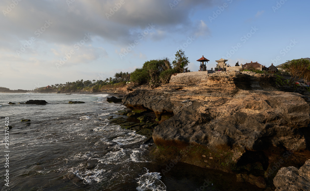   Panoramic landscap Bali rock ocean coast at the sunset time with beauty light