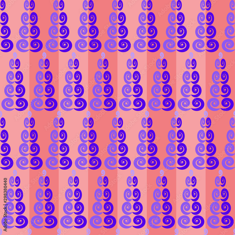 Fototapeta premium Seamless pattern with geometric Christmas tree ornaments in style of spirals in fashionable color trends. Illustration for New Year and Merry Christmas. Vector drawing for wallpaper, textile, banner.