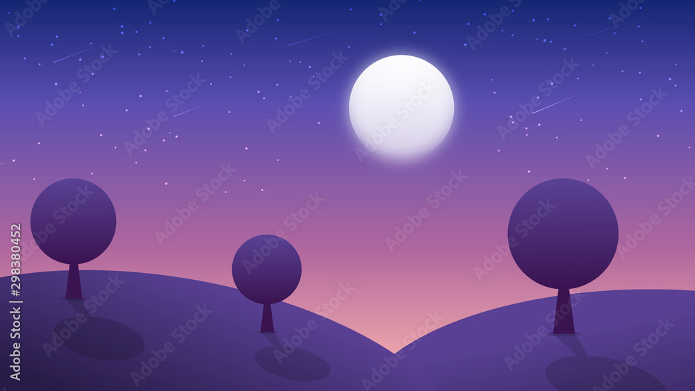 Obraz premium Colorful purple abstract night background with moon and mountain landscape scenery