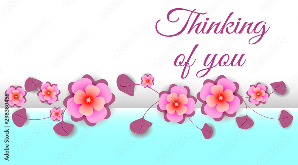 Horizontal banner with pink sakura flowers on light blue background and with place for text.  Text - Thinking of you. Vector illustration for holiday romance card.