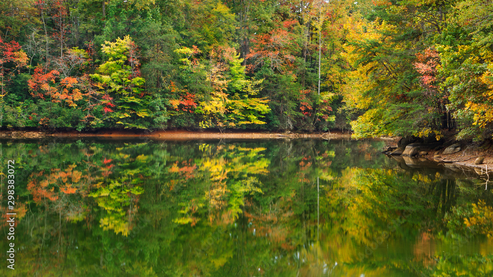 A scenic autumn view of colorful forest foliage reflecting on a lake.