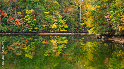 A scenic autumn view of colorful forest foliage reflecting on a lake. photo