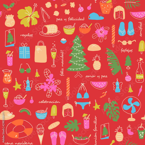 Latin american summer christmas, colorful seamless pattern, with text in spanish. "Merry Christmas!,love and peace,peace and happiness,celebration,friendship,gifts,family meeting,christmas dinner"