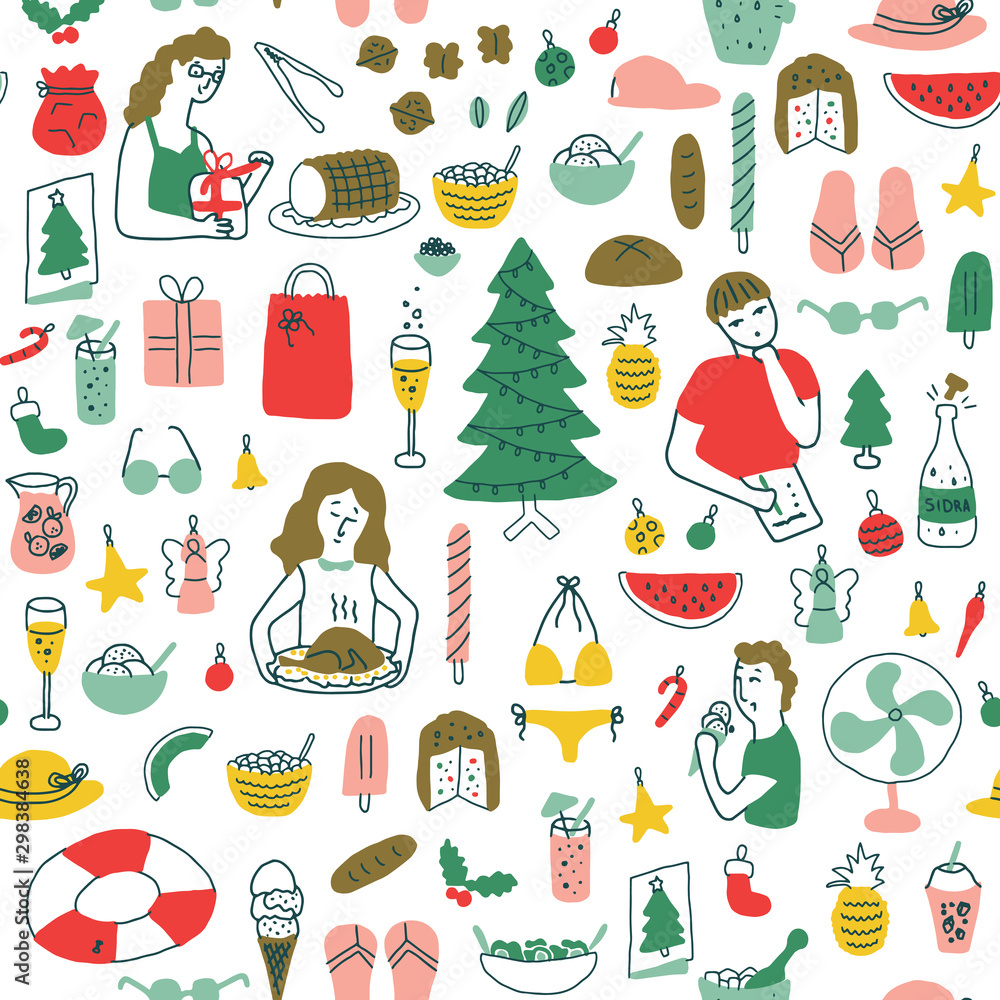 Latin american summer christmas, colorful seamless pattern, with people making preparations: lists, wrapping gifts, cooking. With christmas decorations, food, summer vacations and beach elements Latin american summer christmas, colorful seamless pattern, with people making preparations: lists, wrapping gifts, cooking. With christmas decorations, food, summer vacations and beach elements