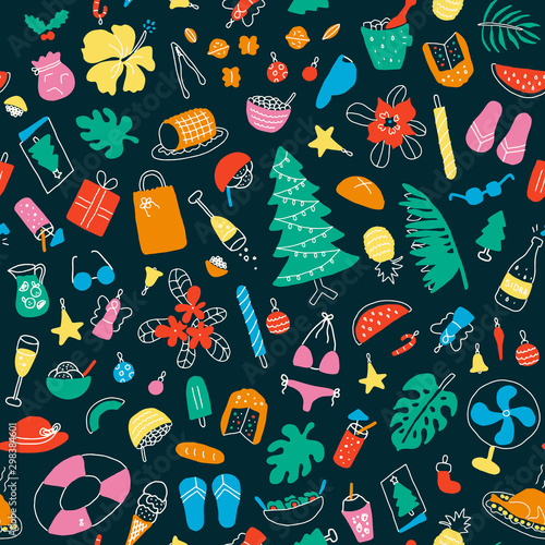 Latin american summer christmas, colorful seamless pattern. With christmas decorations and tree, food, summer vacations and beach elements, leaves and flowers. Tropical vibes, happy and fun 
