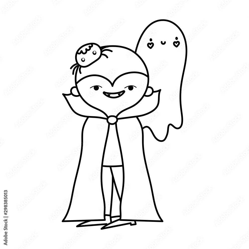 happy halloween celebration boy dracula costume ghost and spider line style happy halloween celebration boy dracula costume ghost and spider line style