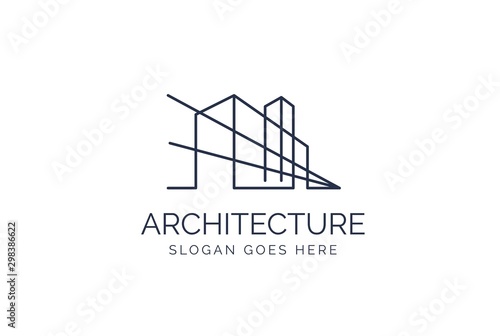 Simple modern building architecture logo design with line art skyscraper graphic