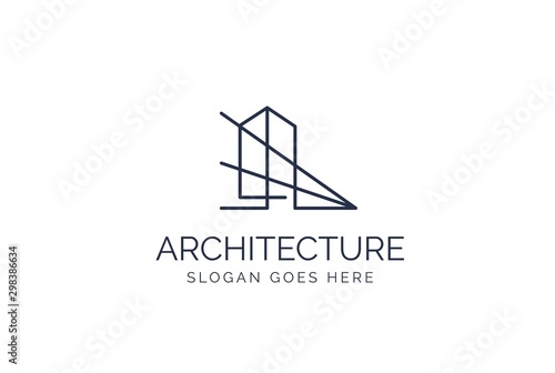 Simple modern building architecture logo design with line art skyscraper graphic