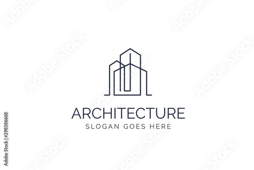 Simple modern building architecture logo design with line art skyscraper graphic