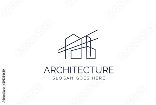 Simple modern building architecture logo design with line art skyscraper graphic