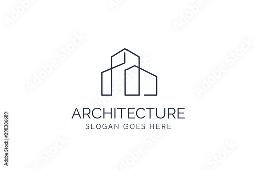 Simple modern building architecture logo design with line art skyscraper graphic