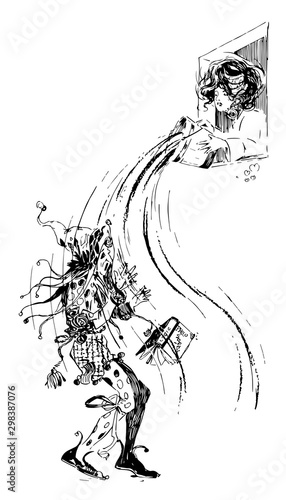 Woman Dumping Water on Jester vintage illustration.