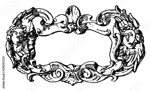 Renaissance Strap-Work Frame fluttering ribbons and cherub-heads are frequently added, vintage engraving.