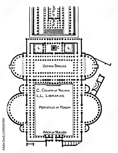 Forum and Basilica of Trajan, vintage engraving.