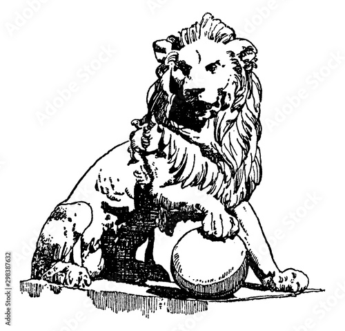 Lion Statue is found in front of the palace of Cortes in Madrid, vintage engraving.