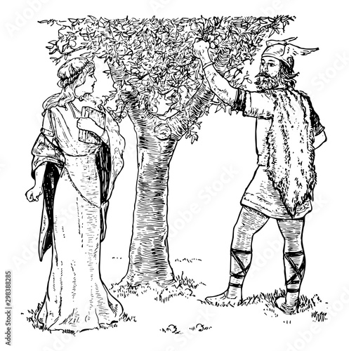 Loki Shows Idun a Crabapple Tree vintage illustration.