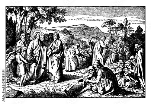 Jesus Feeds More Than Four Thousand People with Seven Loaves and Two Fishes vintage illustration.