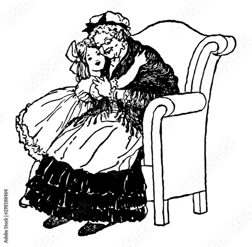 Grandmother Hugging Granddaughter vintage illustration.