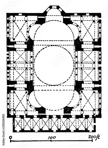 Vászonkép Plan of Hagia Sophia, later a mosque,  vintage engraving.