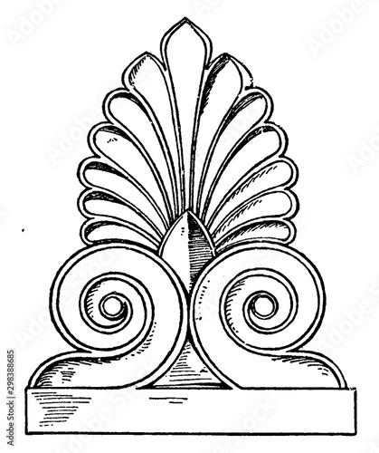 Greek Antefix is found in the lower roof line, vintage engraving.