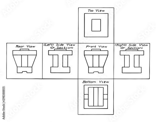 Six views of Object in a projection, series of orthographic,  vintage engraving.