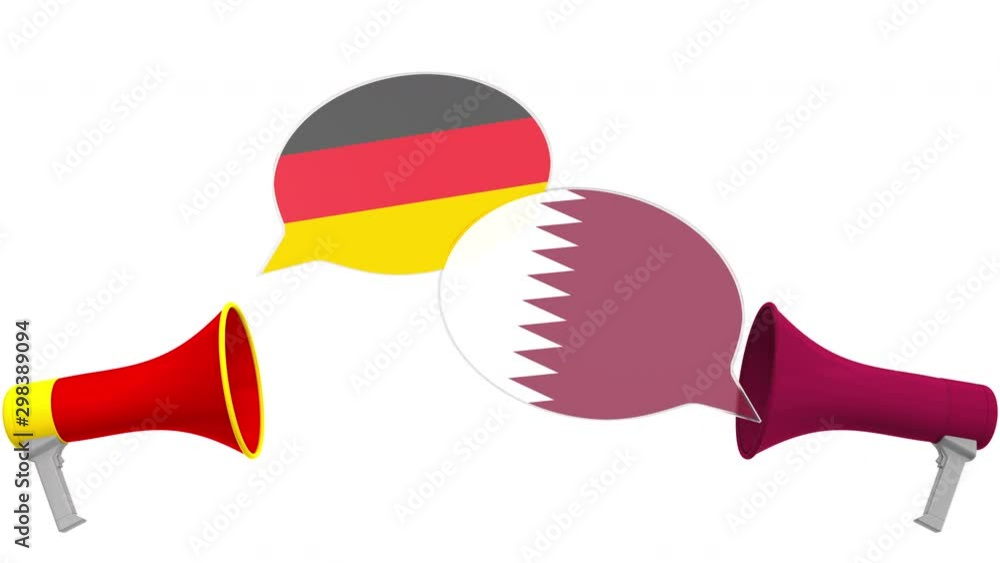 Speech bubbles with flags of Qatar and Germany. Intercultural dialogue or international talks related 3D animation Speech bubbles with flags of Qatar and Germany. Intercultural dialogue or international talks related 3D animation