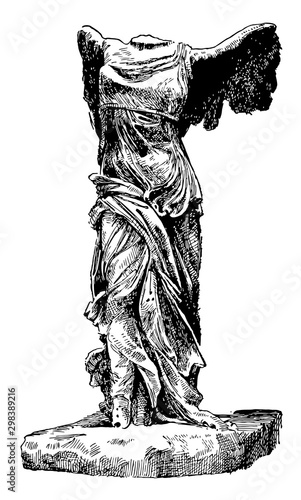 Winged Victory of Samothrace is a marble sculpture, vintage engraving.