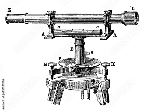 Spirit level with Telescope, vintage illustration.