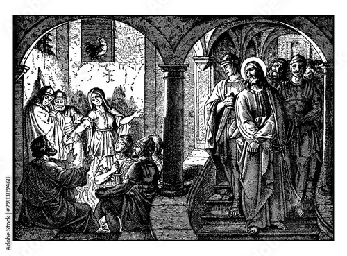 Peter Denies Jesus Three Times Before the Rooster Crows vintage illustration.