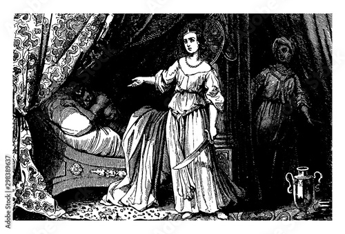 Judith Prepares to Behead Holofernes vintage illustration.