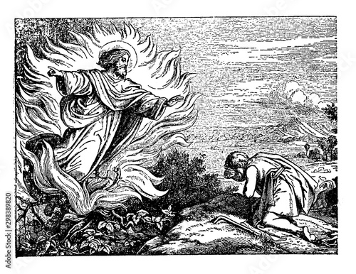Moses and the Burning Bush vintage illustration.