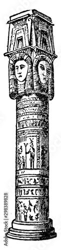 Hathor's Column, mythological,  vintage engraving.