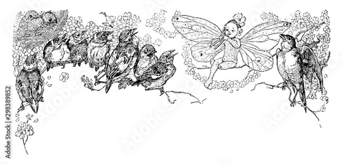 Birds Singing with a Fairy, vintage illustration