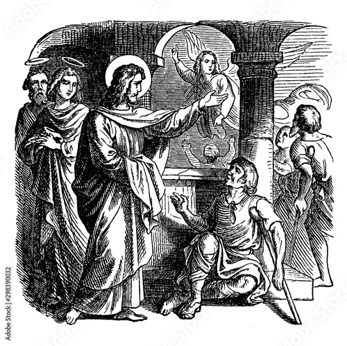 Jesus Heals a Sick Man at the Pool of Bethesda vintage illustration.