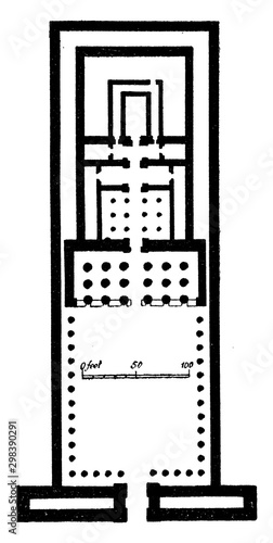 Temple of Edfu Plan, ancient Egyptian temple, vintage engraving.