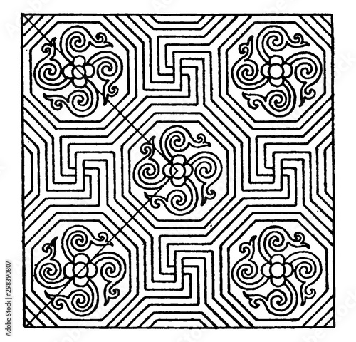Modern Tesselated Mosaic was found in Sorrento, vintage engraving.